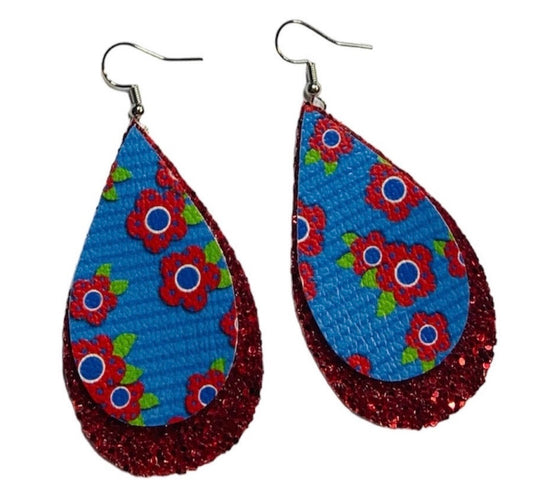 Blue and Red Flowers Stacked Tear Drop Earrings