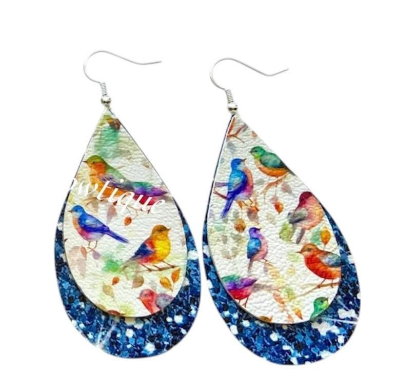 Multi Colored Birds Stacked  Tear Drop Dangle Earrings