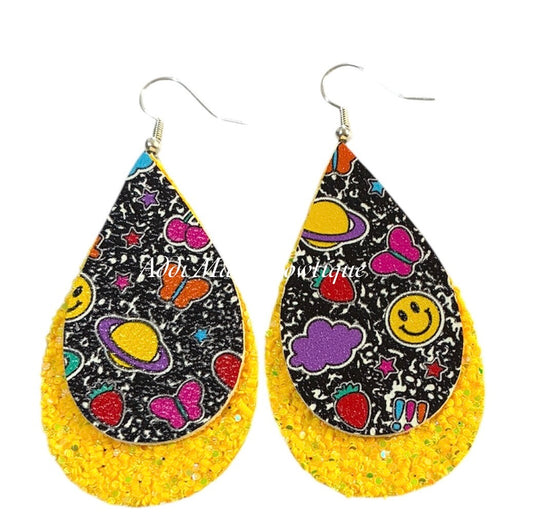 School Stickers Stacked Tear Drop Dangle Earrings