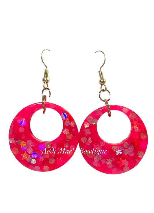 Neon Pink Glitter Resin Medium Circle Dangle Earrings