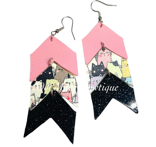 Layered Kitties Chevron Dangle Earrings