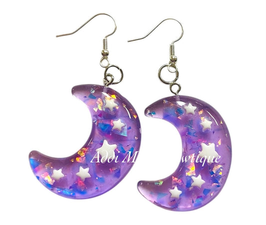 Purple Glitter Confetti Moon Dangle Earrings