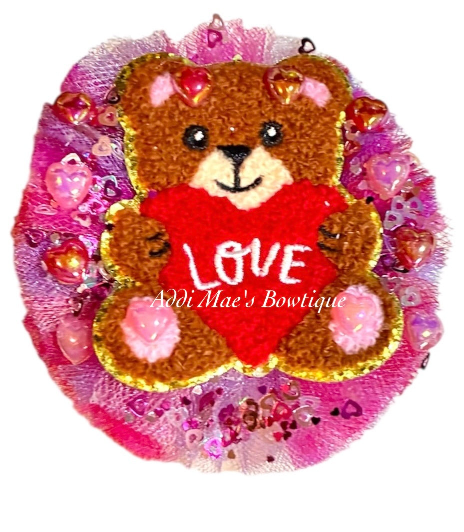 Teddy Bear Love Valentines Tulle Puff Hair Bow
