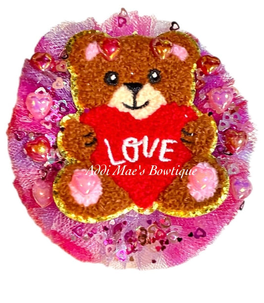 Teddy Bear Love Valentines Tulle Puff Hair Bow