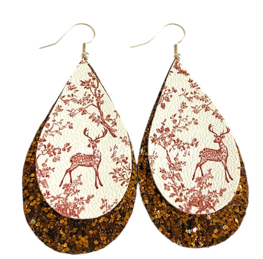 Woodland Toile Deer Stacked Tear Drop Dangle Earrings