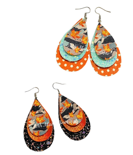 Fall Leaves Stacked Tear Drop Dangle Earrings
