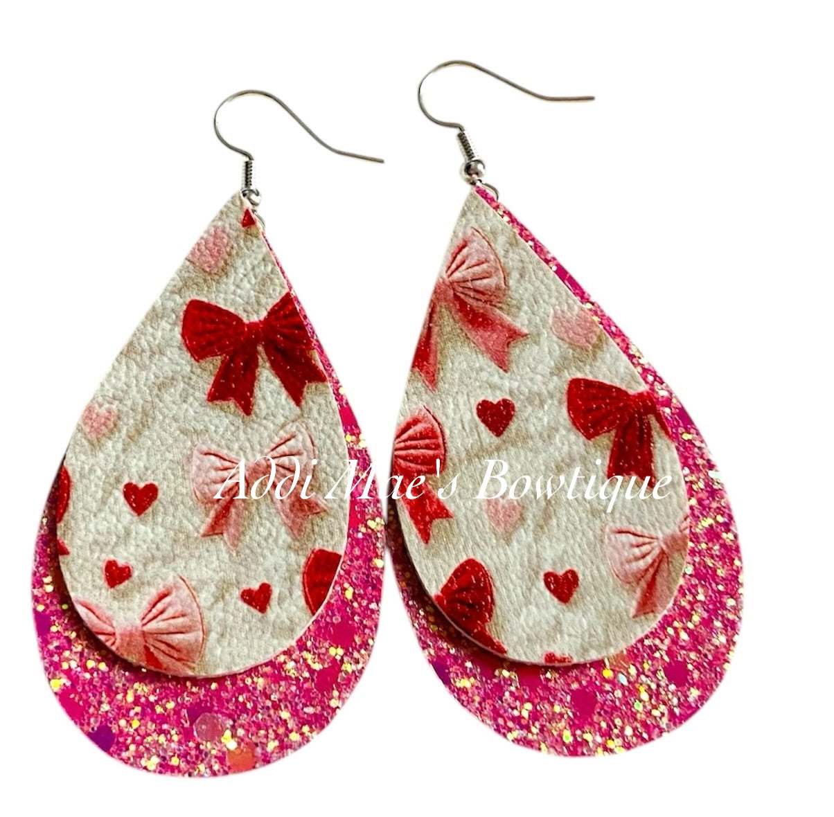 Pink & Red Bows Stacked Tear Drop Earrings