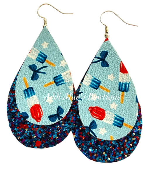 Patriotic Popsicle Bows Stacked Tear Drop Dangle Earrings