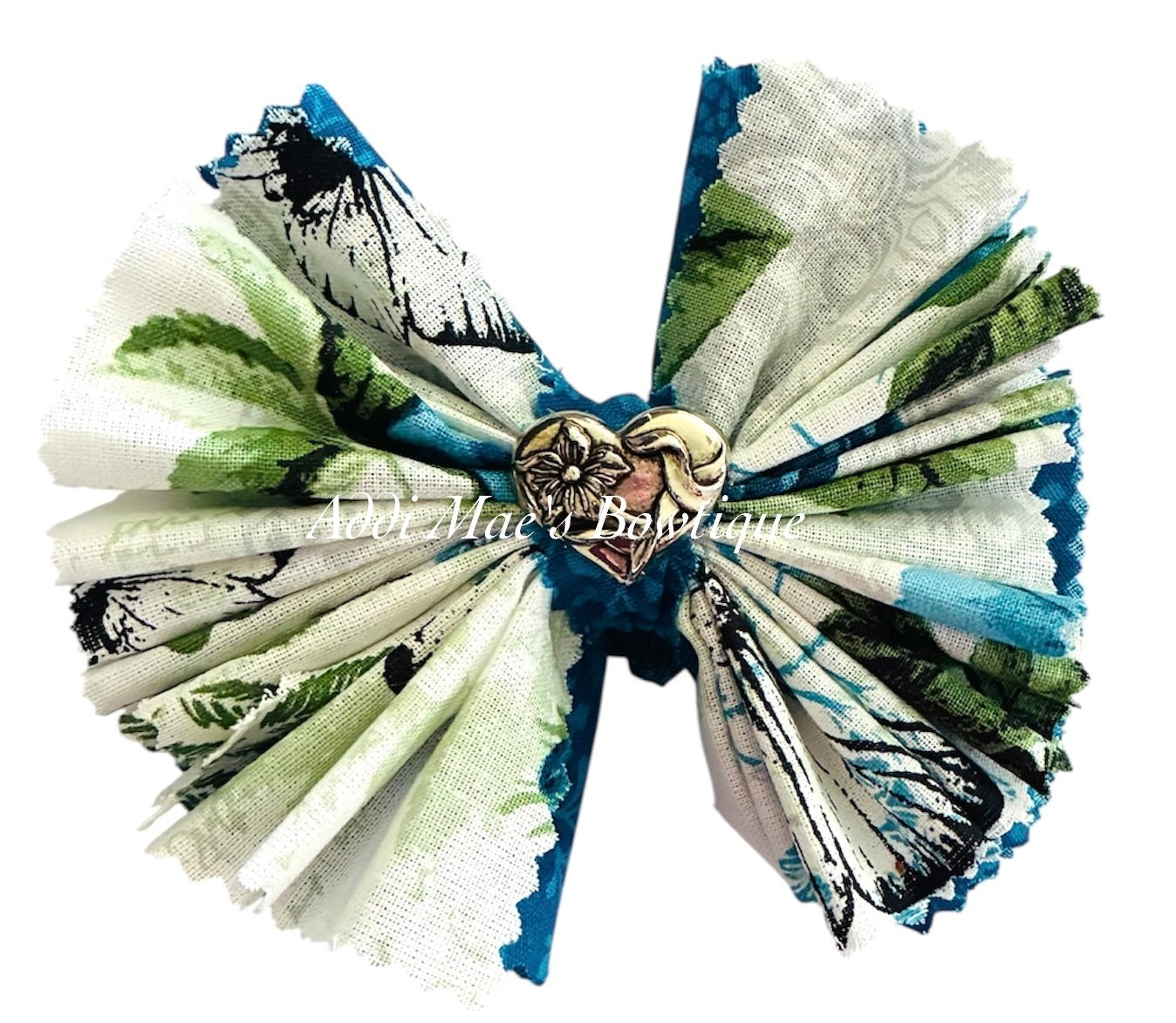 Turquoise Roses and Butterflies Frayed CottonFabric Hair Bow
