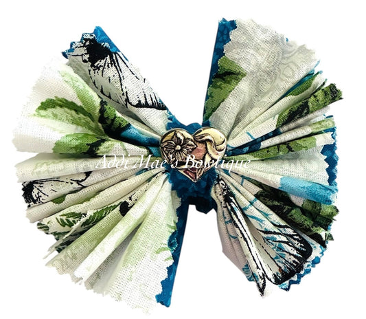 Turquoise Roses and Butterflies Frayed CottonFabric Hair Bow
