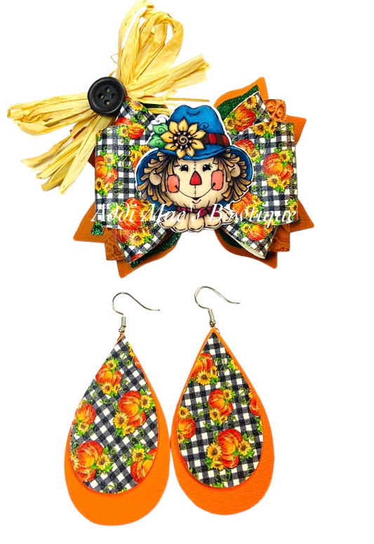 Fall Scarecrow Harvest 3.5” Bow & Earrings Set