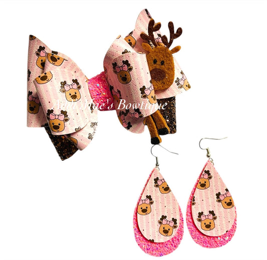 Pink Reindeer Christmas Bow & Earrings Set