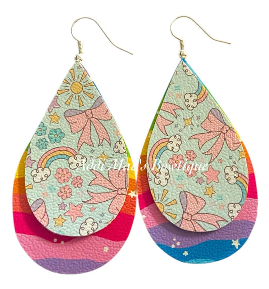 Pastel Rainy Bows Stacked Tear Drop Dangle Earrings