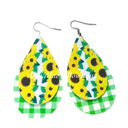 Sunflowers Gingham Stacked Tear Drop Dangle Earrings