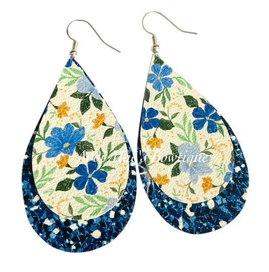 Blue Flowers Stacked Tear Drop Dangle Earrings