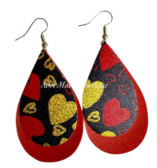 Red and Gold Hearts Stacked Tear Drop Earrings