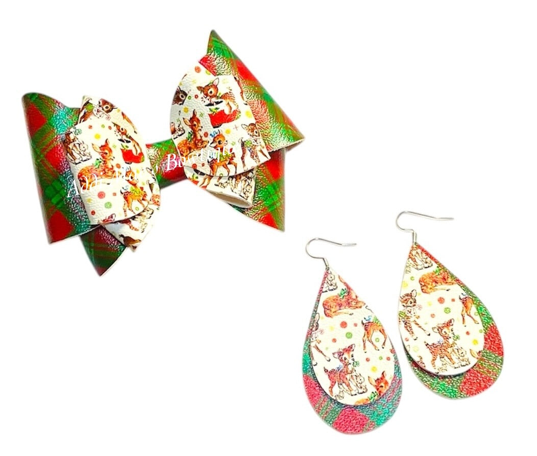 Vintage Reindeer Plaid Christmas Bow & Earrings Set
