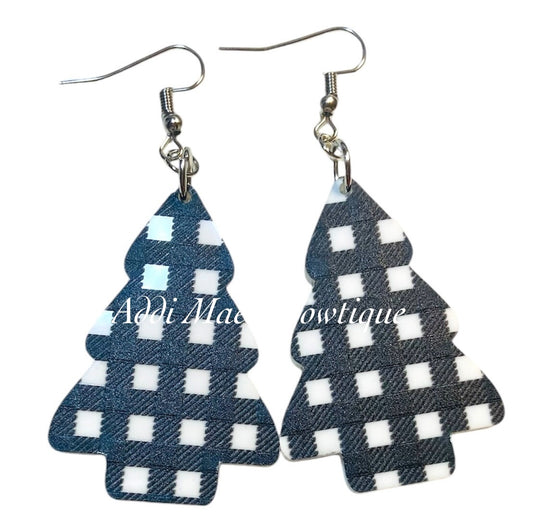 Black and White Buffalo Plaid Christmas Tree Acrylic Dangle Earrings