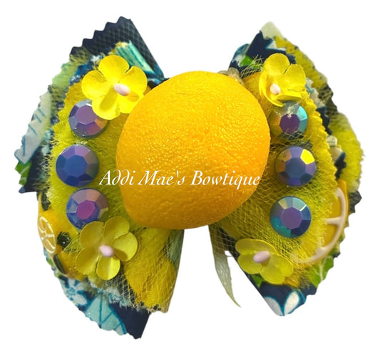 Lemons Frayed Cotton Fabric Hair Bow