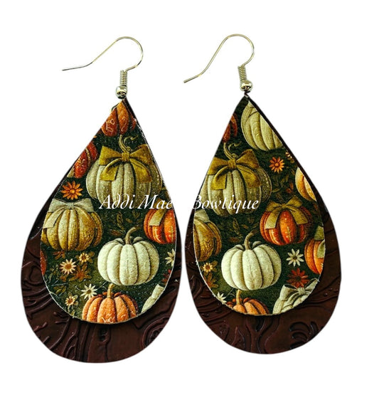 Autumn Pumpkins Cutie Bows Stacked Tear Drop Dangle Earrings
