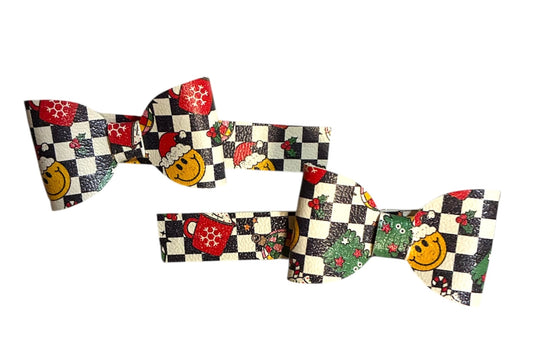 Smiley Checkered Christmas Mini Bow Alligator Clip Set