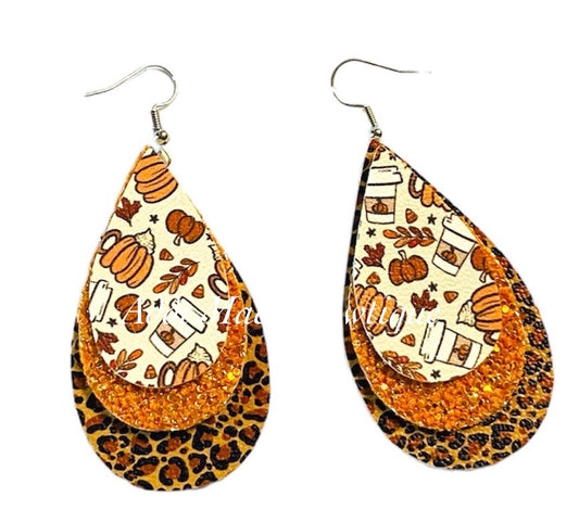 Boho Pumpkin Spice Fall Stacked Tear Drop Dangle Earrings