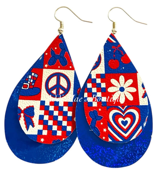 Patriotic Patchwork Stacked Tear Drop Dangle Earrings