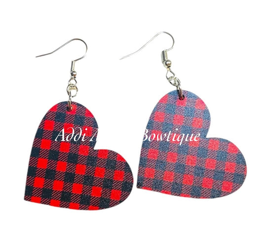 Red Buffalo Plaid Christmas Hearts Acrylic Dangle Earrings