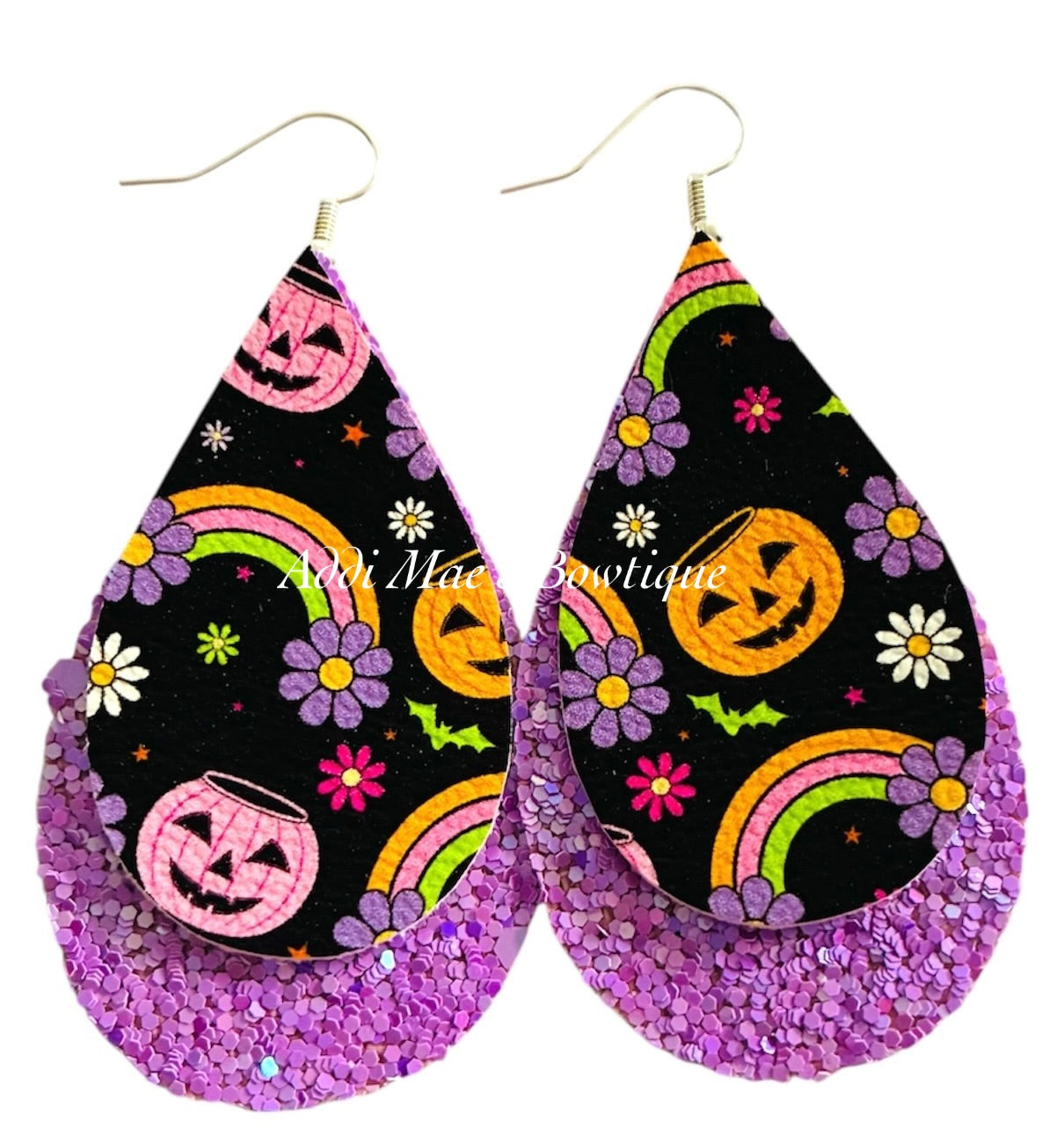 Jack O Lantern Rainbows Halloween Stacked Tear Drop Dangle Earrings