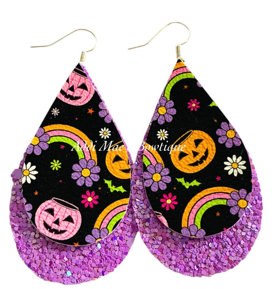 Jack O Lantern Rainbows Halloween Stacked Tear Drop Dangle Earrings