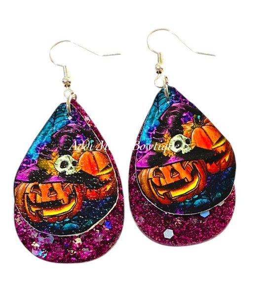 Pumpkins & Skulls Glitter Resin & Faux Leather Halloween Dangle Earrings