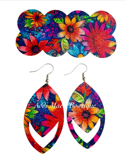 Bright Floral 3” Snap Clip& Earrings Set