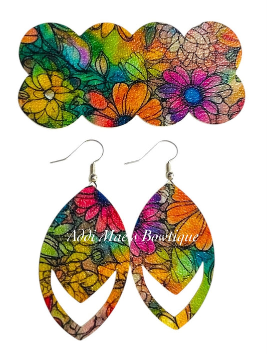 Bright Floral 3” Snap Clip& Earrings Set