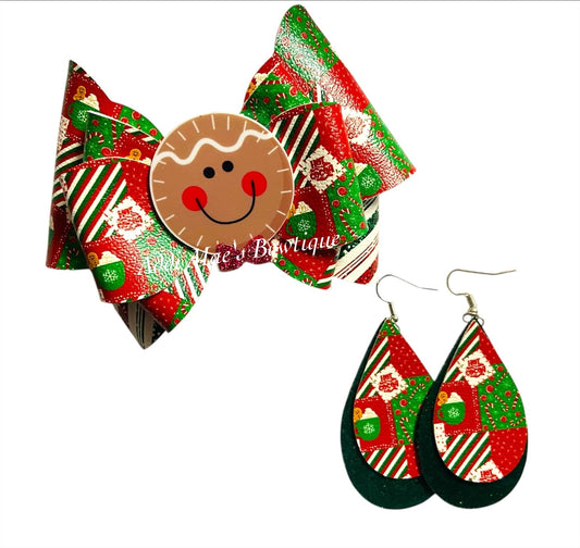 Gingerbread Patchwork Christmas Bow & Earrings Set