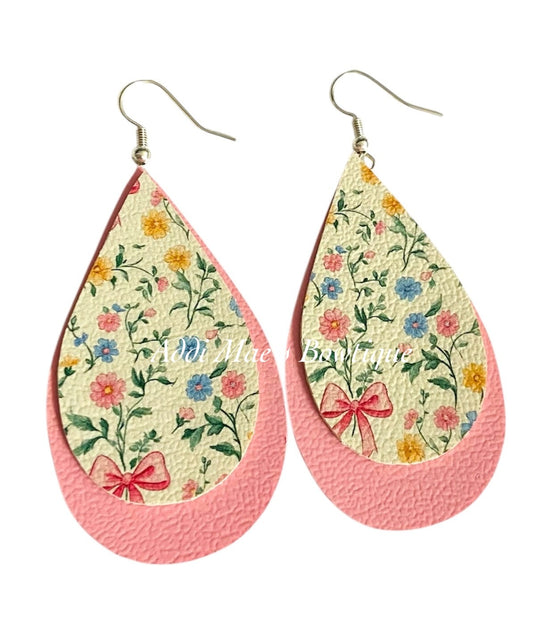 Pink Floral Bows Stacked Tear Drop Dangle Earrings
