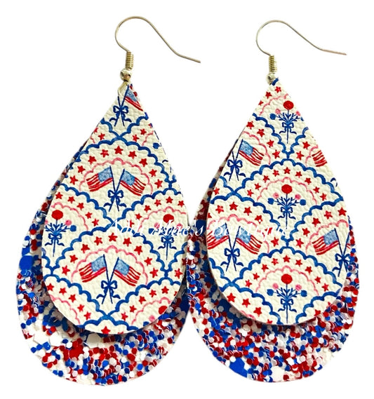 Red White Blue Scalloped Flag Tear Drop Dangle Earrings