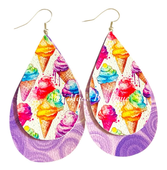 Bright Ice Cream Cones Stacked Tear Drop Dangle Earrings