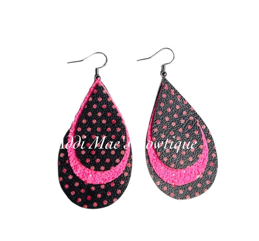 Pink Polka Dot Stacked Tear Drop Dangle Earrings
