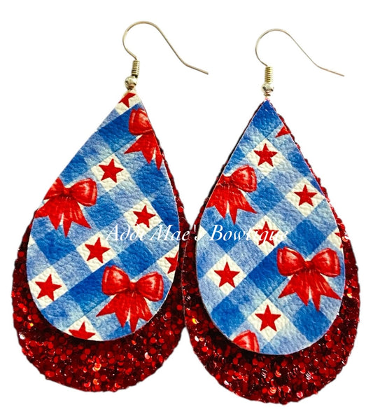 Red Bows & Stars Stacked Tear Drop Dangle Earrings