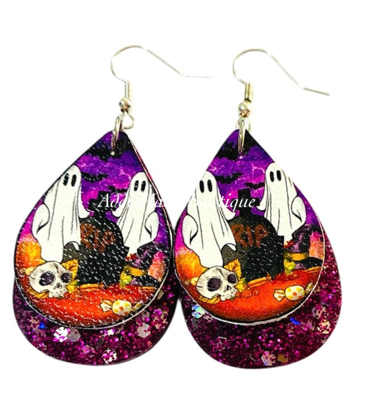 Ghosts Glitter Resin & Faux Leather Halloween Dangle Earrings