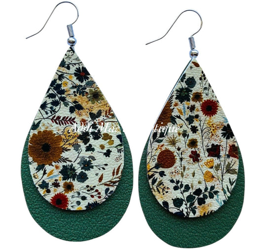 Fall Florals Green Stacked Tear Drop Dangle Earrings