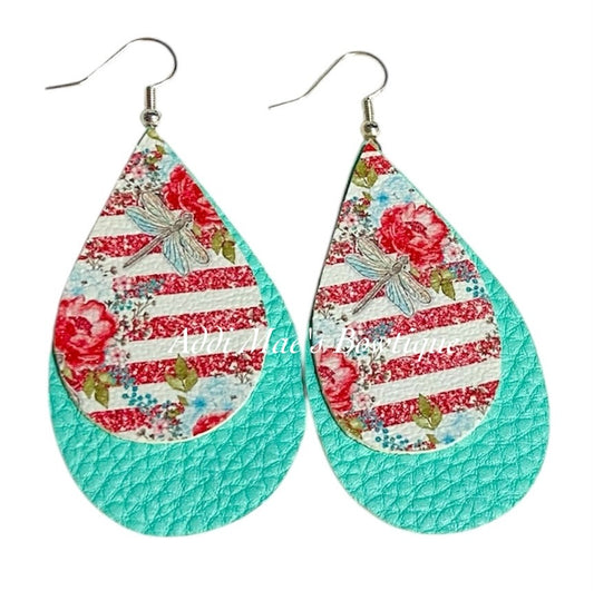 Striped Floral Dragonfly Stacked Tear Drop Dangle Earrings
