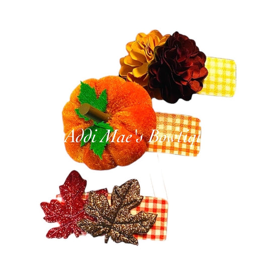 Fall Leaves, Mums, Plush Pumpkin Gingham Snap Clip Set
