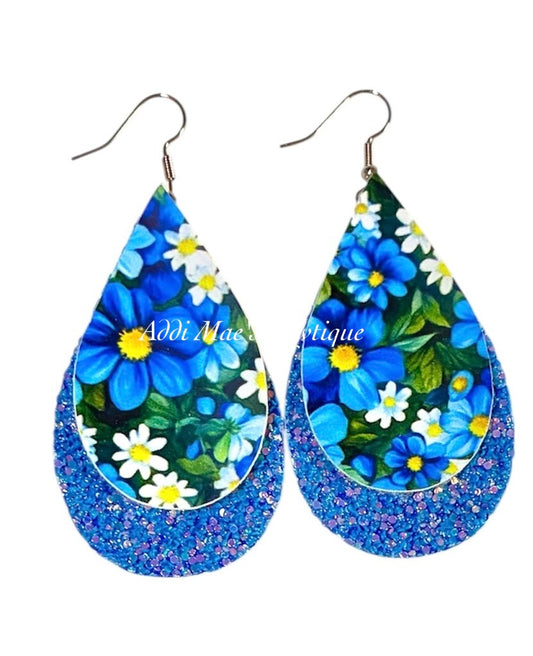Blue Floral Stacked Tear Drop Dangle Earrings