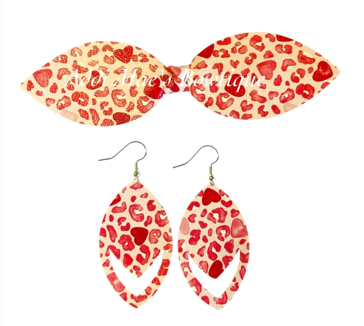 Valentines Cheetah Hearts Top Knot Clip, 3” Snap Clip, & Earrings Set