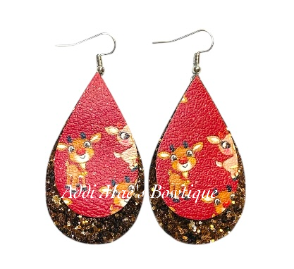 Red Nose Reindeer Christmas Stacked Tear Drop Dangle Earrings