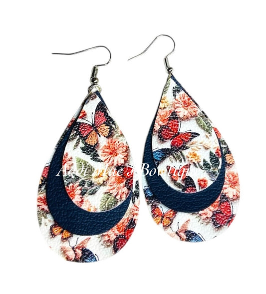 Peachy Rust Butterfly Stacked Tear Drop Dangle Earrings