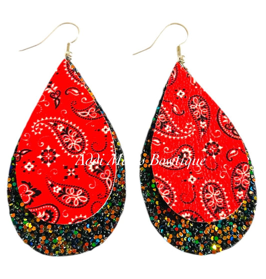 Bandanna Western Stacked Tear Drop Dangle Earrings