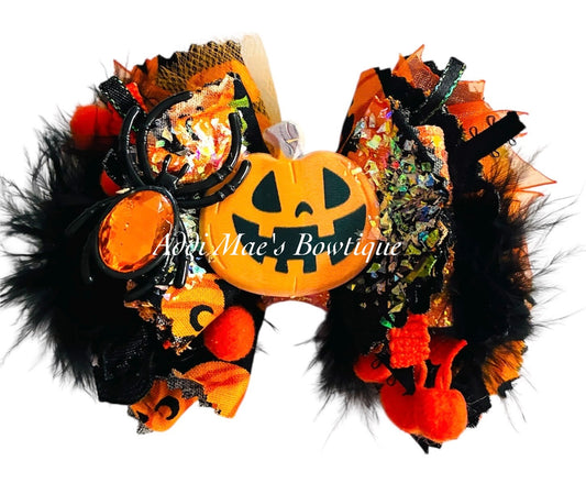 Jack O Lantern Pumpkins Frayed Cotton Fabric Hair Bow