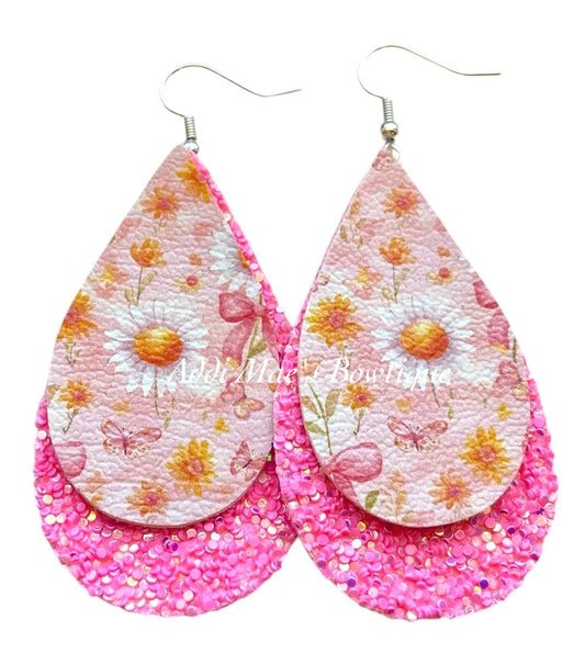 Pink Garden Daisy Stacked Tear Drop Dangle Earrings